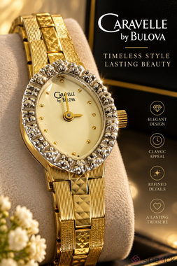Caravelle by Bulova Vintage Gold Tone Cocktail Watch Crystal Oval Case